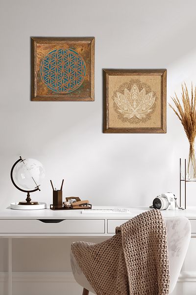 Pinecone Flower of Life, Lotus Flower Stone Wall Painting with Wooden Frame Wall Decor Set of 2 Painting -W2-505-