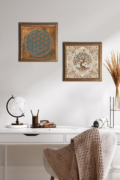 Pinecone Flower of Life, Tree of Life Stone Wall Painting Wood Framed Wall Decor 2 Piece Table Set -W2-226-