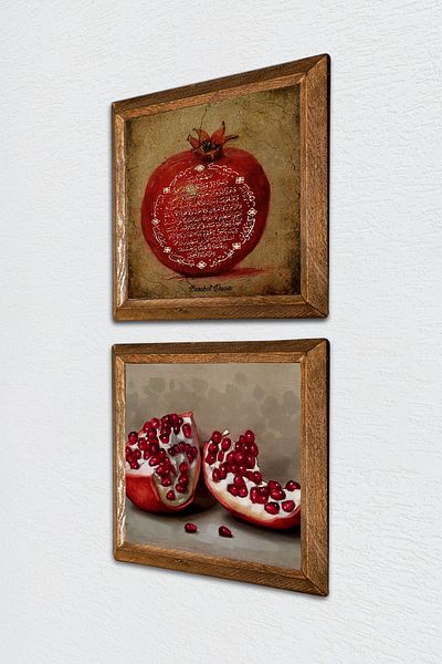 Pinecone Rugăciunea de abundență, pictură murală cu piatră de rodie, decor de perete cu rame din lemn, set de 2 picturi, artă de perete -W2-734-