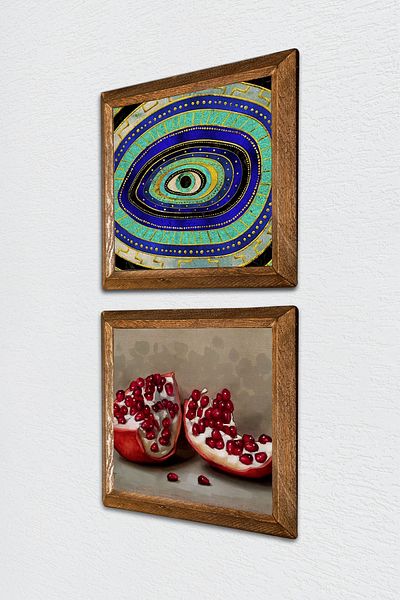 Pinecone Evil Eye, Pomegranate Stone Wall Painting with Wooden Frame Wall Decor 2 Piece Painting Set Wall Art -W2-758-