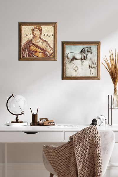 Pinecone Mosaic of Soteria, Leonardo Da Vinci Horse Statue Stone Wall Painting Framed Wall Decor -W2-321-