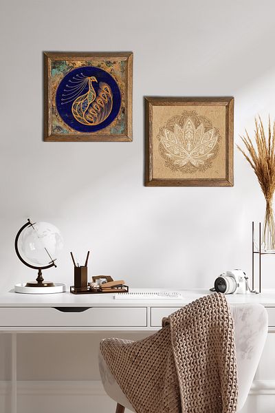 Pinecone Peacock, Lotus Flower Stone Wall Painting with Wooden Frame Wall Decor 2 Piece Painting Set -W2-497-