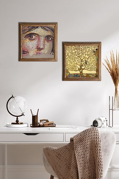 Pinecone Gypsy Girl Mosaic, Gustav Klimt Tree of Life Stone Wall Painting Framed Wall Decor -W2-349-