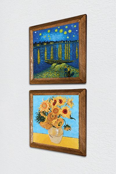 Pinecone Van Gogh Rhine River, Twelve Sunflowers Vase Stone Wall Painting Wood Framed Wall Decor -W2-391-