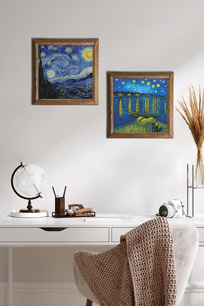 Pinecone Van Gogh River Rhine, Starry Night Stone Wall Painting Ξύλινο πλαίσιο Διακόσμηση τοίχου 2 Πίνακες -W2-383-