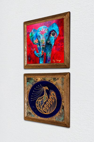 Pinecone Elephant, Peacock Stone Wall Painting with Wooden Frame Wall Decor 2 Piece Painting Set Wall Art -W2-528-