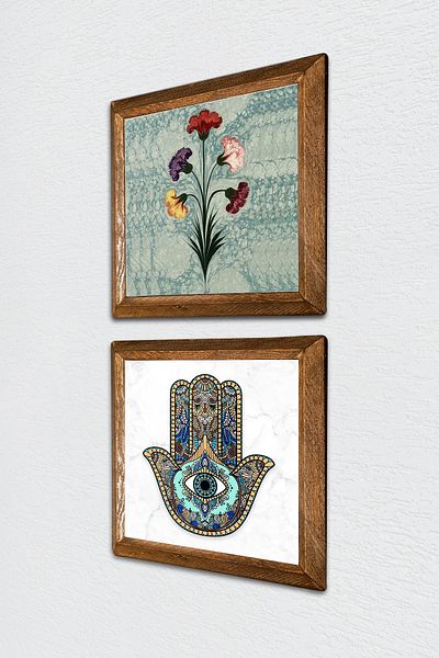 Pinecone Marbling Art, Fatma Mother Hand (Hamsa) Stone Wall Painting Wooden Framed Wall Decor 2 Piece Painting -W2-60-