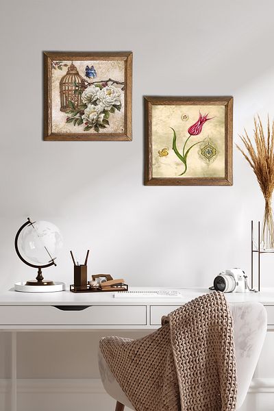 Pinecone Tulip, Butterfly Flower Stone Wall Painting Wood Framed Wall Decor 2 Piece Painting Set -W2-666-