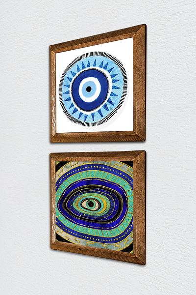 Pinecone Evil Eye Stone Wall Painting Wooden Framed Wall Decor 2 Piece Painting Set Wall Art -W2-566-