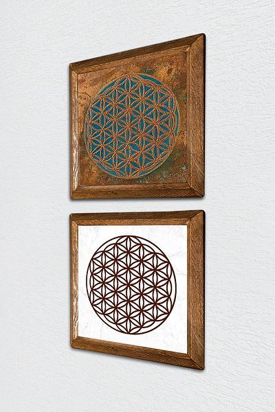 Pinecone Flower of Life Stone Wall Painting with Wood Frame Wall Decor 2 Piece Painting Set Wall Art -W2-486-