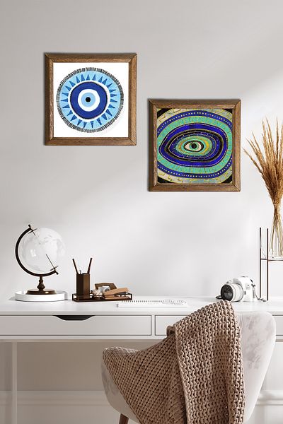 Pinecone Evil Eye Stone Wall Painting Wooden Framed Wall Decor 2 Piece Painting Set Wall Art -W2-566-