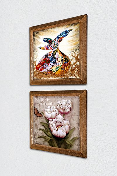 Pinecone Floare Fluture, Pictură Perete Piatră Strălucitoare Decor Perete Cu Cadru Din Lemn Set Pictură 2 Piese -W2-612-
