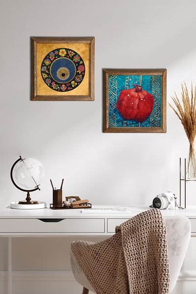 Pinecone Evil Eye, Pictură pe perete cu piatră de rodie Decor de perete cu rame din lemn Set de pictură din 2 piese Artă de perete -W2-104-