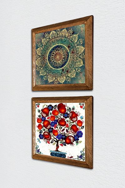 Pinecone Mandala, pictură pe perete din piatră de pom de rodie, decor de perete cu rame din lemn, set de 2 picturi, artă de perete -W2-182-