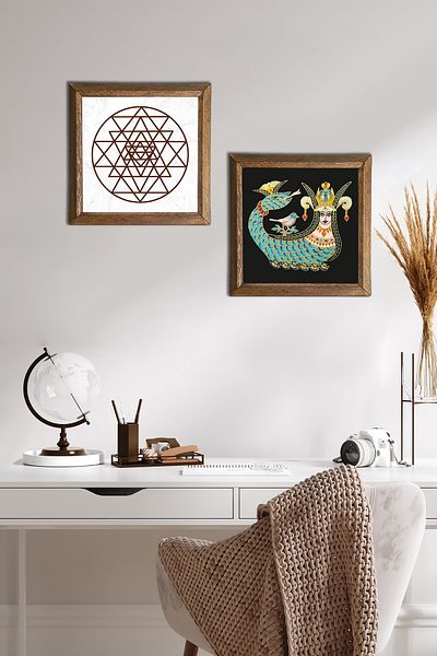 Pinecone Sri Yantra, pictură pe perete din piatră Shahmeran, decor de perete cu rame din lemn, set de pictură din 2 piese -W2-252-