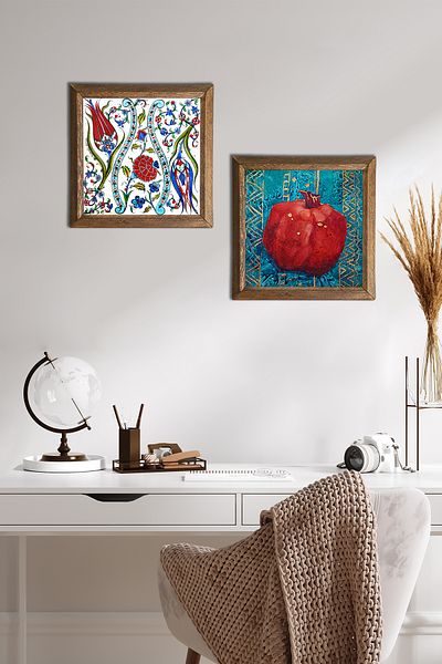 Pinecone Lalele, pictură pe perete cu piatră de rodie, decor de perete cu rame din lemn, set de pictură din 2 piese, artă de perete -W2-120-