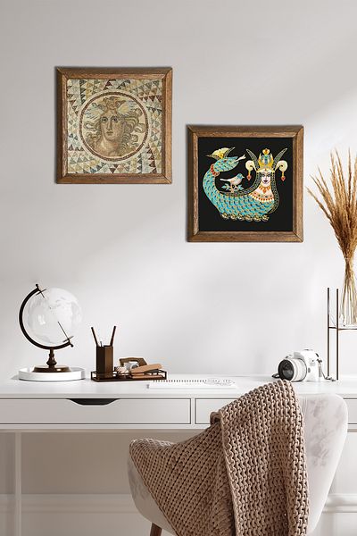 Pinecone Mosaic Series, Shahmeran Stone Wall Painting Wooden Framed Wall Decor 2 Piece Painting Set -W2-239-