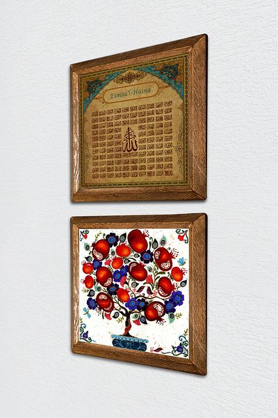 Pinecone Esma'ul Hüsna, pictură pe perete din piatră de pom de rodie, decor de perete cu cadru din lemn, set de pictură din 2 piese -W2-645-