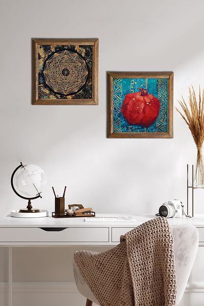 Pinecone Sri Yantra, pictură pe perete cu piatră de rodie, decor de perete cu rame din lemn, set de pictură din 2 piese, artă de perete -W2-126-