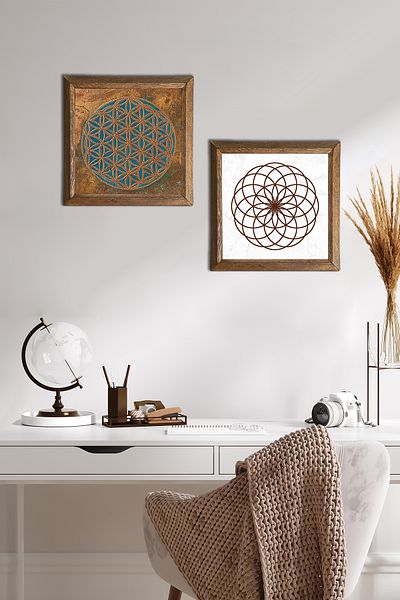 Pinecone Flower of Life Stone Wall Painting Wood Framed Wall Decor 2 Piece Painting Set Wall Art -W2-495-