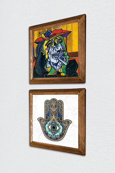 Pinecone Picasso plângând femeie, Fatma Mâna Domnului (Hamsa) Pictură pe perete din piatră Decor de perete cu rame din lemn -W2-79-