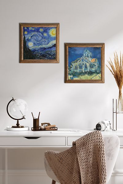 Pinecone Van Gogh the Church at Auvers,Starry Night Stone Wall Painting Wood Framed Wall Decor -W2-382-