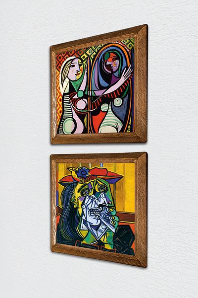Pinecone Picasso Crying Woman, Girl Against Mirror Stone Wall Painting Wood Framed Wall Decor -W2-602-