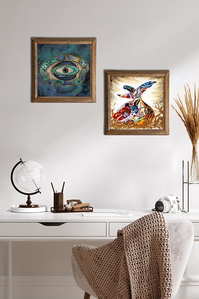 Pinecone Evil Eye, Semazen Stone Wall Painting Ξύλινο πλαίσιο Διακόσμηση τοίχου 2 τεμαχίων Σετ ζωγραφικής Wall Art -W2-627-
