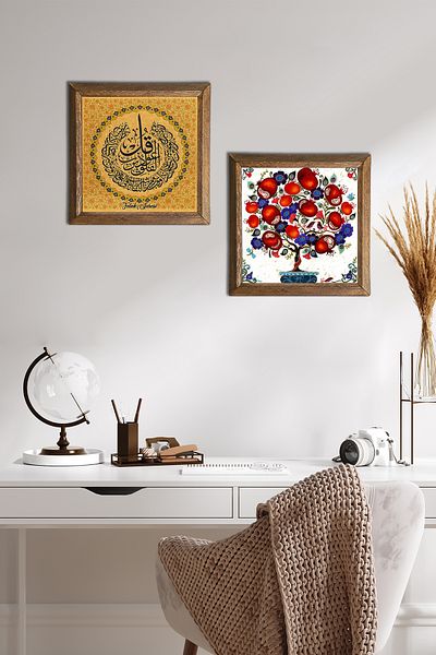 Pinecone Felak Suresi, pictură pe perete din piatră de pom de rodie, decor de perete cu rame din lemn, set de pictură din 2 piese -W2-188-