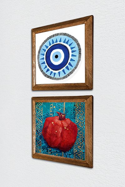 Pinecone Evil Eye, Pomegranate Stone Wall Painting with Wooden Frame Wall Decor 2 Piece Painting Set Wall Art -W2-138-