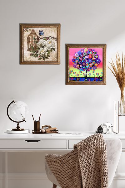 Pinecone Flower with Butterfly, Tree of Life Stone Wall Painting Wooden Framed Wall Decor Set of 2 Painting -W2-651-