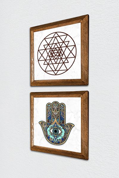 Pinecone Sri Yantra, Fatma Mâna (Hamsa) Pictură pe perete din piatră Decor de perete cu rame din lemn Pictură din 2 piese -W2-39-