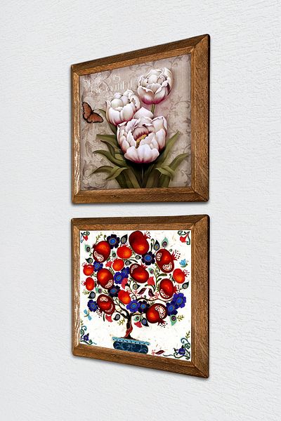 Pinecone Flower with Butterfly, Pomegranate Tree Stone Wall Painting Wooden Framed Wall Decor Set of 2 Painting -W2-147-