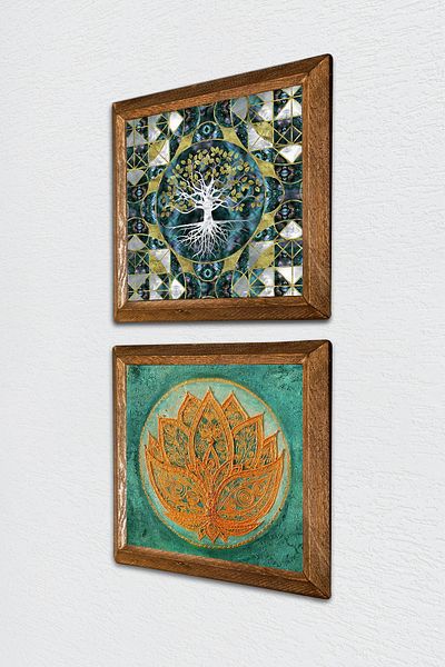 Pinecone Tree of Life, Lotus Flower Stone Wall Painting Wood Framed Wall Decor 2 Piece Painting Set -W2-540-