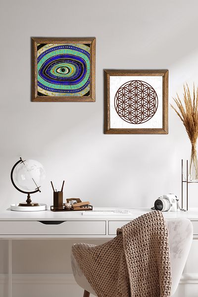 Pinecone Evil Eye, Floarea Vieții Pictură pe perete din piatră Decor de perete cu rame din lemn Set de 2 picturi Artă de perete -W2-482-