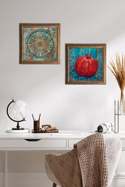 Pinecone Floarea vieții, pictură pe perete din piatră de rodie, decor de perete cu rame din lemn, set de 2 picturi, artă de perete -W2-122-