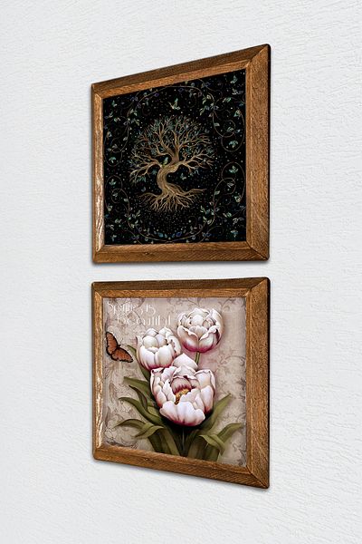 Pinecone Arborele vieții, flori fluturi pictură pe perete din piatră, decor de perete cu rame din lemn, set de 2 picturi -W2-307-