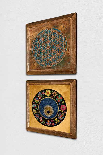 Pinecone Floarea vieții, Pictură pe perete cu piatră de ochi rău Decor de perete cu rame din lemn Set de 2 picturi Artă de perete -W2-418-