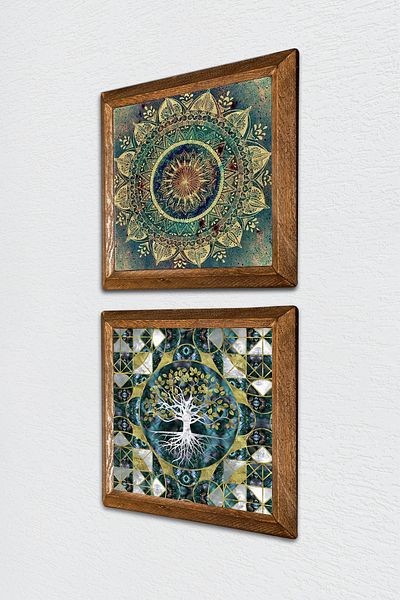 Pinecone Arborele vieții, pictură pe perete cu piatră mandala, decor de perete cu rame din lemn, set de pictură din 2 piese -W2-586-