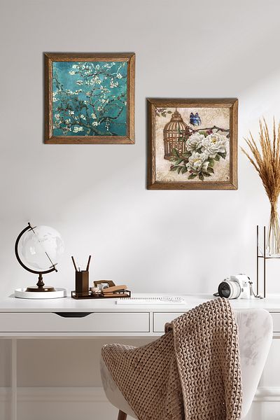 Pinecone Van Gogh Măslin, Floare Fluture Pictură pe perete de piatră Decor de perete cu rame din lemn -W2-287-