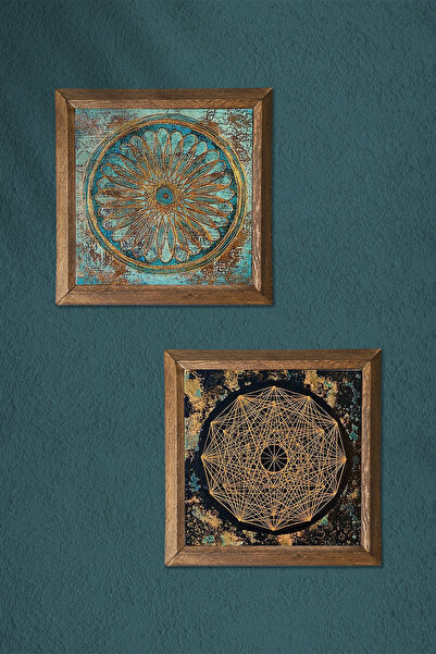 Pinecone Sri Yantra, Yaşam Çiçeği Taş Duvar Tablosu Ahşap Çerçeveli Duvar Dekoru 2 Parça Tablo Seti -W2-513-