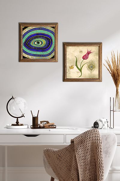 Pinecone Evil Eye, Tulip Stone Wall Painting Wooden Framed Wall Decor 2 Piece Painting Set Wall Art -W2-698-