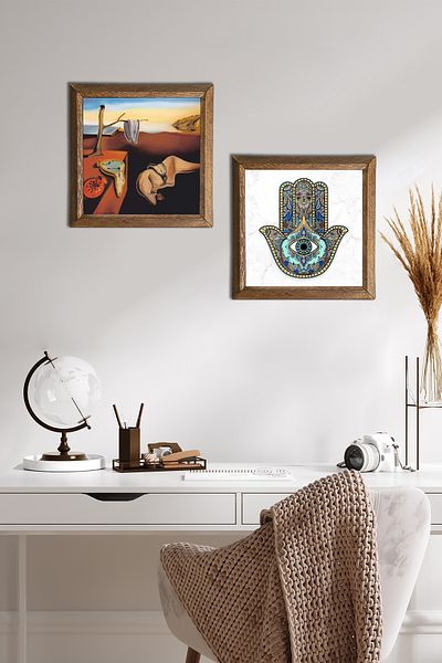 Pinecone Salvador Dali the Persistence of Memory, Fatma Mother Hand (Hamsa) Stone Wall Painting Framed Wall Decor -W2-82-