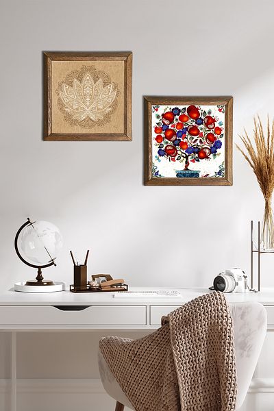 Pinecone Lotus Flower, Pomegranate Tree Stone Wall Painting Wood Framed Wall Decor 2 Piece Painting Set -W2-167-