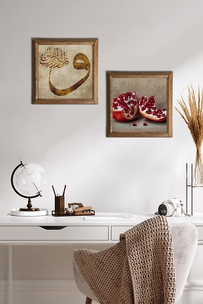 Pinecone Vav, Pomegranate Stone Wall Painting with Wooden Frame Wall Decor 2 Piece Painting Set Wall Art -W2-744-