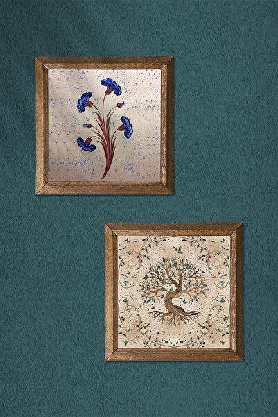 Pinecone Marbling Art, Tree of Life Stone Wall Painting with Wooden Frame Wall Decor 2 Piece Painting Set -W2-222-