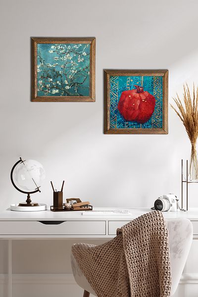 Pinecone Van Gogh Migdal, Pictură de perete din piatră de rodie Decor de perete cu rame din lemn Set de pictură din 2 piese -W2-98-