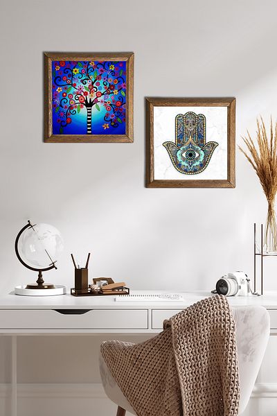 Pinecone Tree of Life, Fatma Mother Hand (Hamsa) Stone Wall Painting Wooden Framed Wall Decor 2 Piece Painting -W2-607-