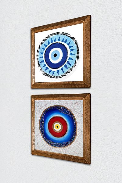 Pinecone Evil Eye Stone Wall Painting Wooden Framed Wall Decor 2 Piece Painting Set Wall Art -W2-597-