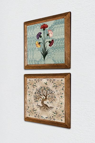 Pinecone Artă marmorată, pictură pe perete din piatră Arborele vieții cu cadru din lemn Decor de perete Set de pictură din 2 piese -W2-223-